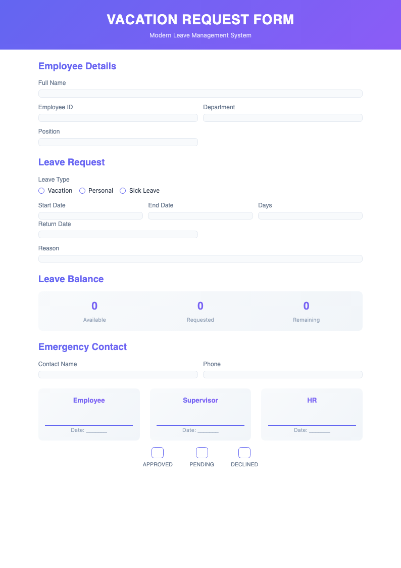 Sleek modern vacation form